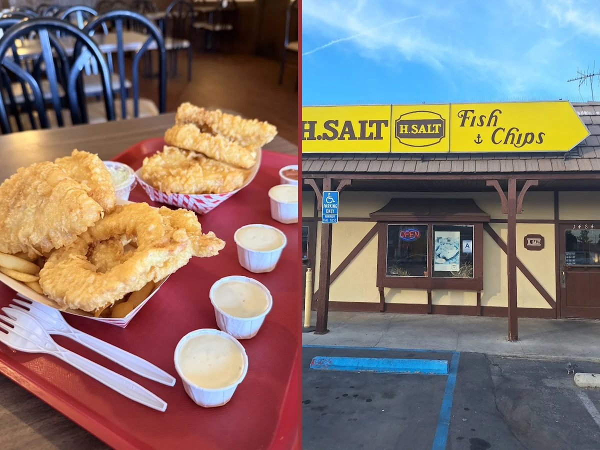 Golden fried fish and chips on a simple plate.