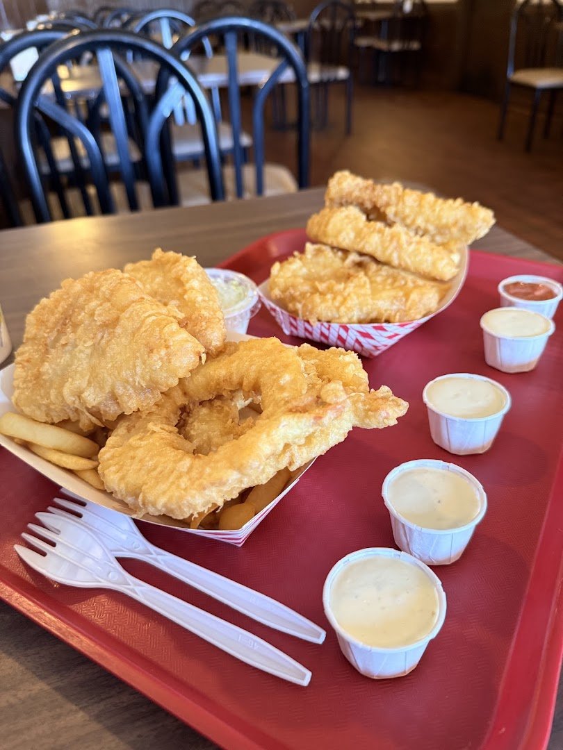 English-style fish and chips from a counter service spot.